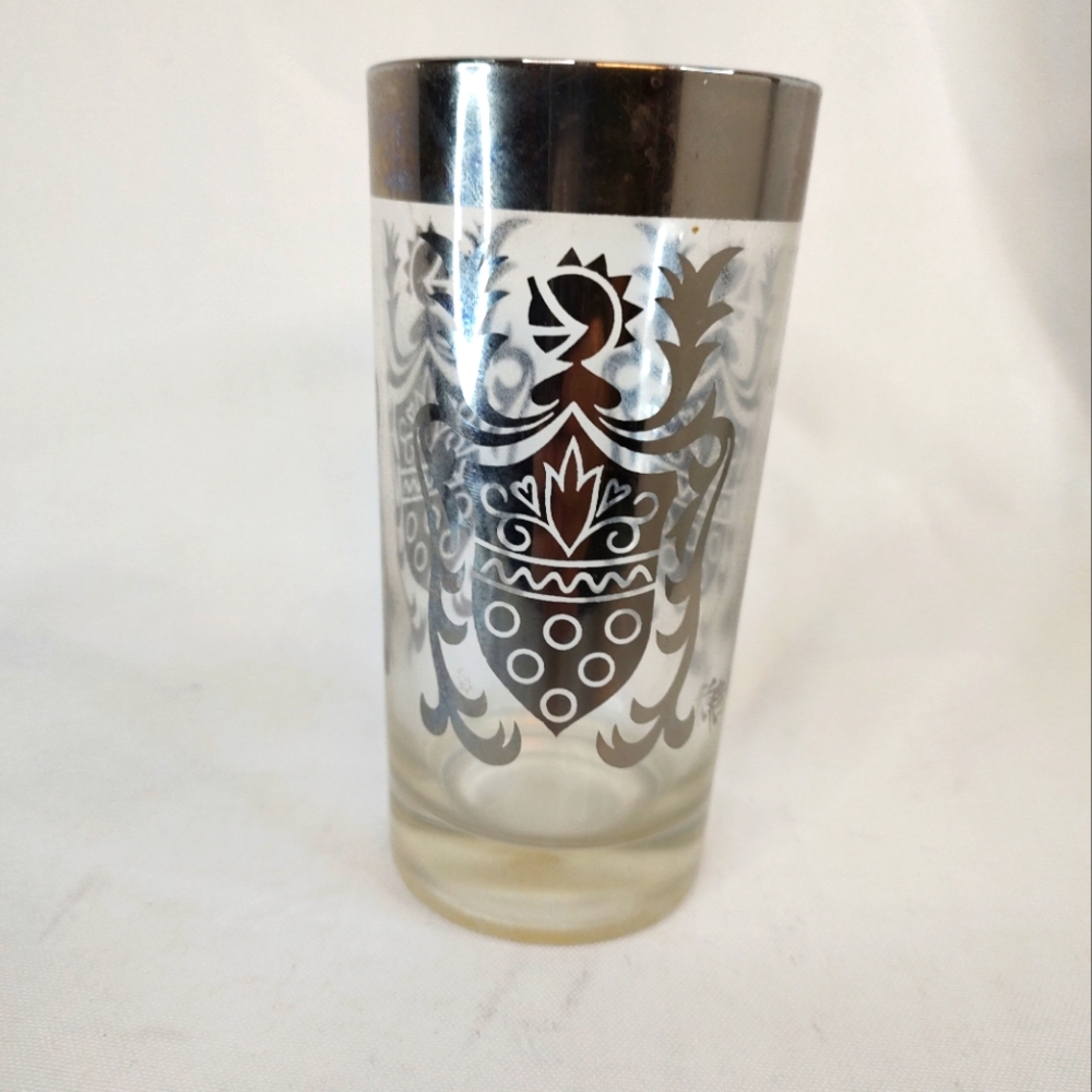 3 Vintage Mid Century Kimiko Silver Knight Shield Highball Tumbler Glass Barware